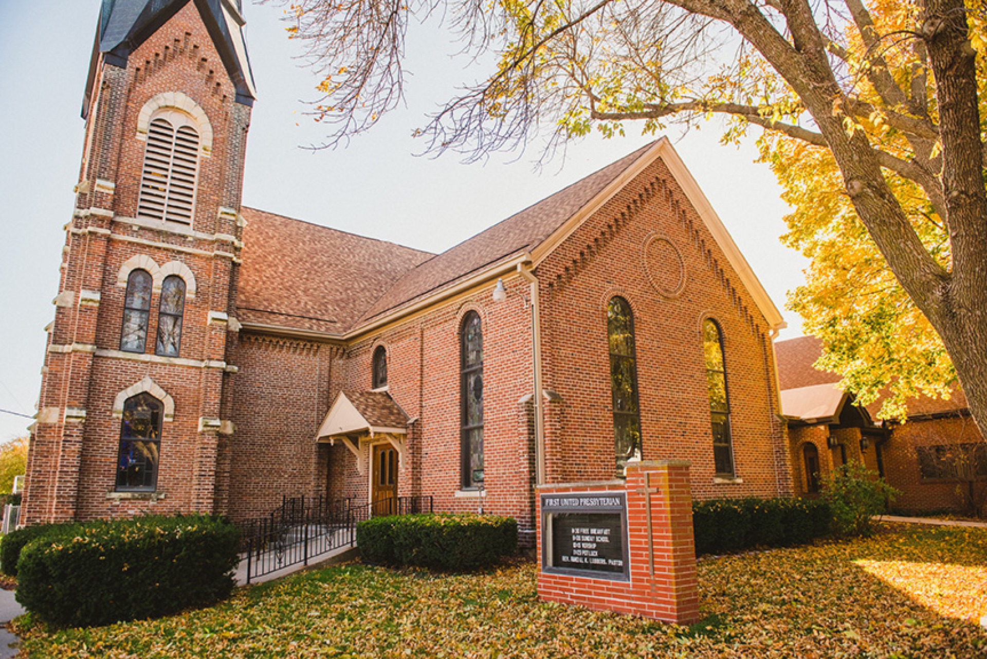 First Presbyterian Church brick exterior in Madison County, Iowa.